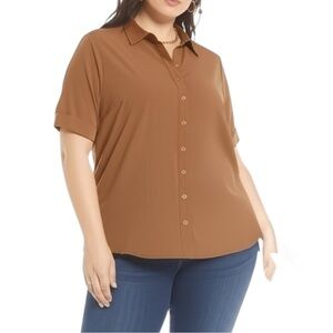 Lindor Women's Brown Button Down Collared Short Sleeve Top Size 18